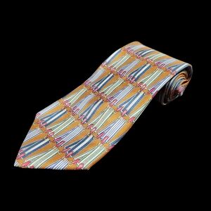 Gucci Mens 100% Silk Neck Tie Made In Italy Gold Blue Belt Suspenders